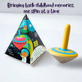 Colorful wooden spinning tops designed for Montessori-inspired toddler activities.